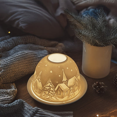 Porcelain Dome Tealight Holder with Winter Village Scene | Premium