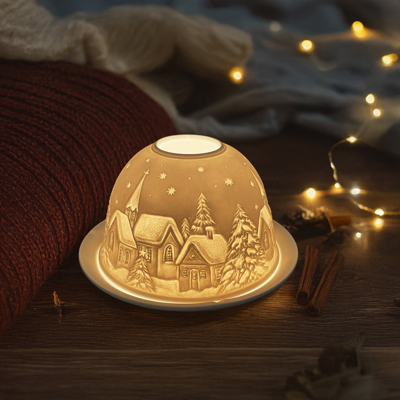 Porcelain Dome Tealight Holder with Winter Village Scene | Premium