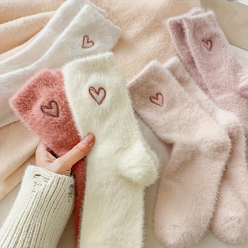 Cozy Heart‑Embroidered Socks (5 Pairs) – Soft, Fluffy, Mid‑Calf