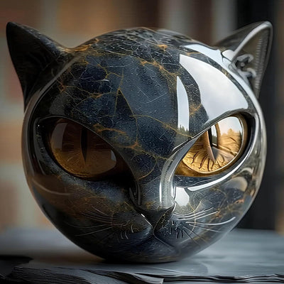 Hand Carved Resin Black Cat Stone Sculpture with Golden Eyes Premium