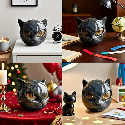 Hand Carved Resin Black Cat Stone Sculpture with Golden Eyes Premium