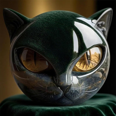 Hand Carved Resin Black Cat Stone Sculpture with Golden Eyes Premium