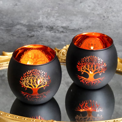 Tree of Life Candle Holder Set of 2 – Black & Gold Glass | Premium
