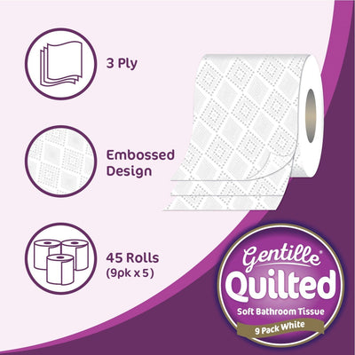 Gentille Quilted 3‑Ply Bathroom Tissue | 45 Rolls Soft & Strong