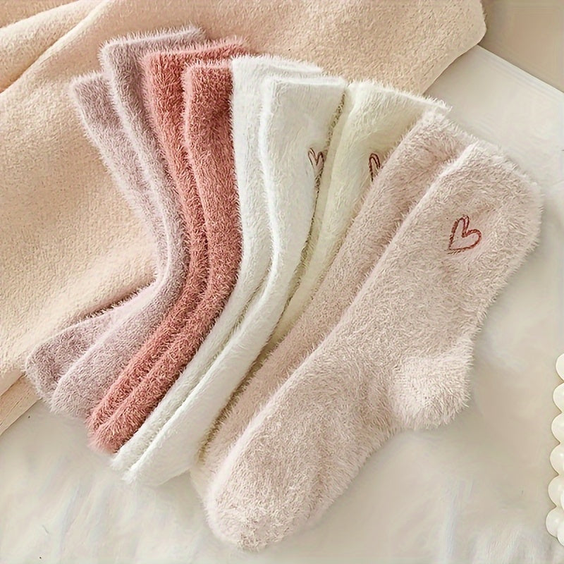 Cozy Heart‑Embroidered Socks (5 Pairs) – Soft, Fluffy, Mid‑Calf