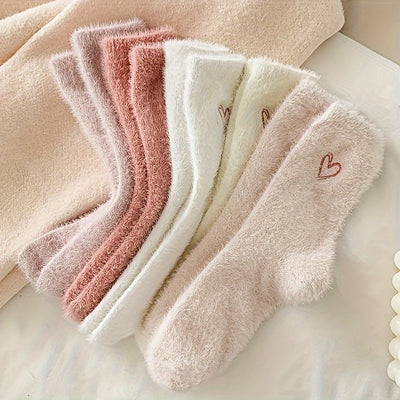 Cozy Heart‑Embroidered Socks (5 Pairs) – Soft, Fluffy, Mid‑Calf