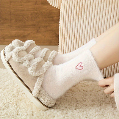 Cozy Heart‑Embroidered Socks (5 Pairs) – Soft, Fluffy, Mid‑Calf