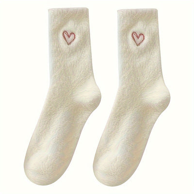 Cozy Heart‑Embroidered Socks (5 Pairs) – Soft, Fluffy, Mid‑Calf