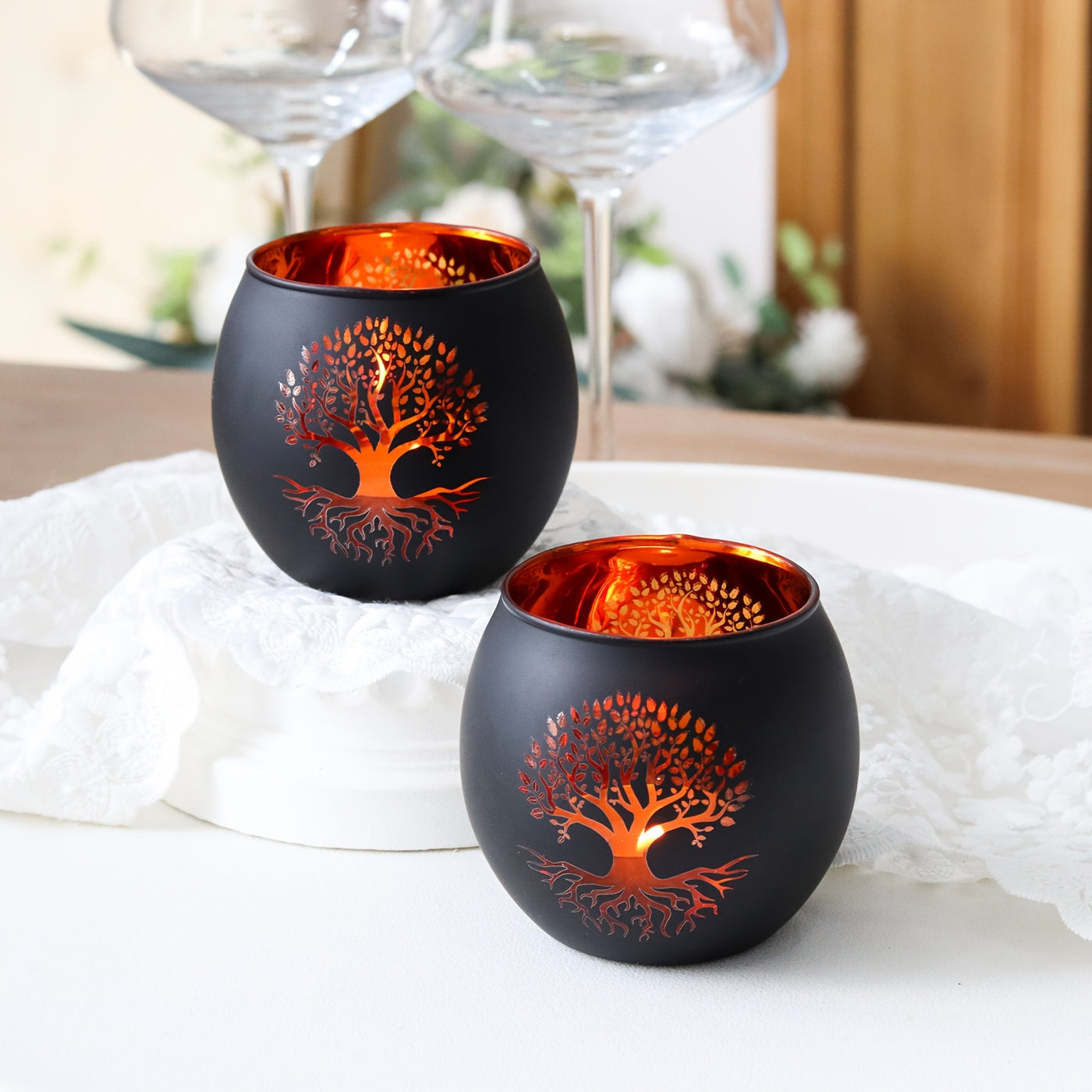 Tree of Life Candle Holder Set of 2 – Black & Gold Glass | Premium