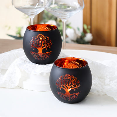 Tree of Life Candle Holder Set of 2 – Black & Gold Glass | Premium