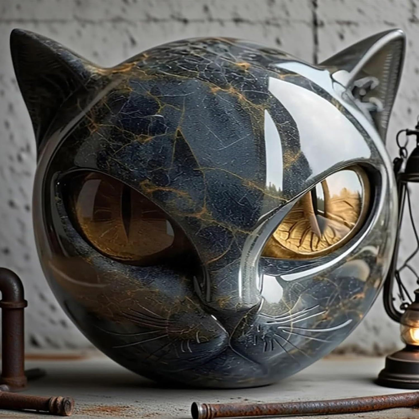 Hand Carved Resin Black Cat Stone Sculpture with Golden Eyes Premium