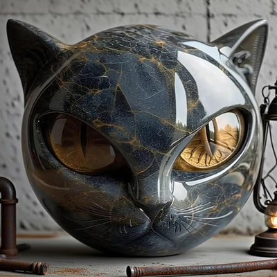 Hand Carved Resin Black Cat Stone Sculpture with Golden Eyes Premium