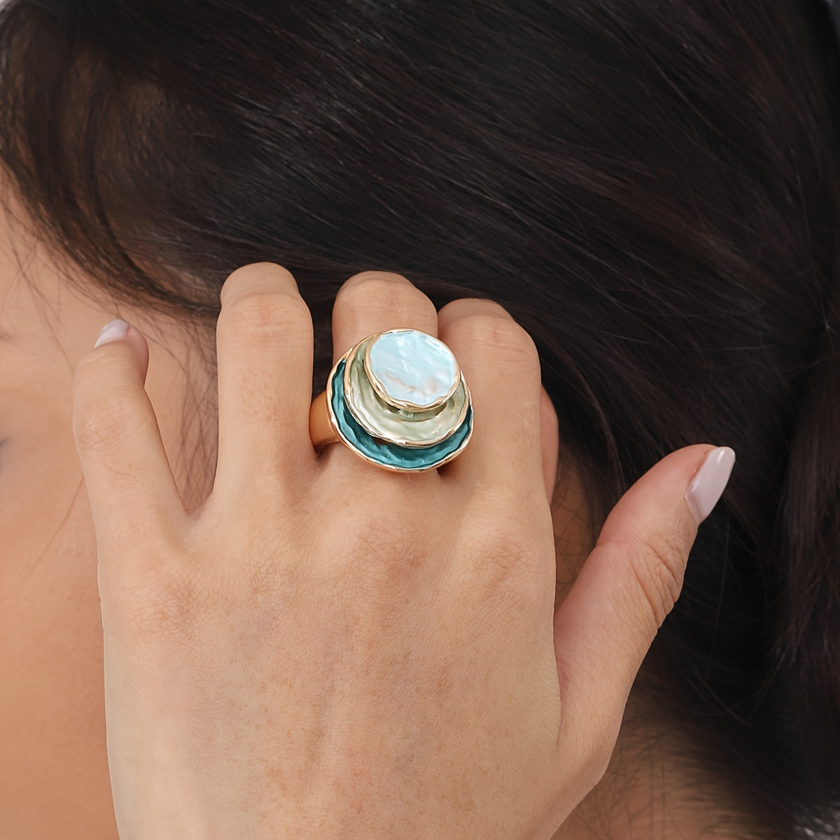 Boho Enamel Ring Three‑Layer Elastic Zinc Alloy with KC Gold