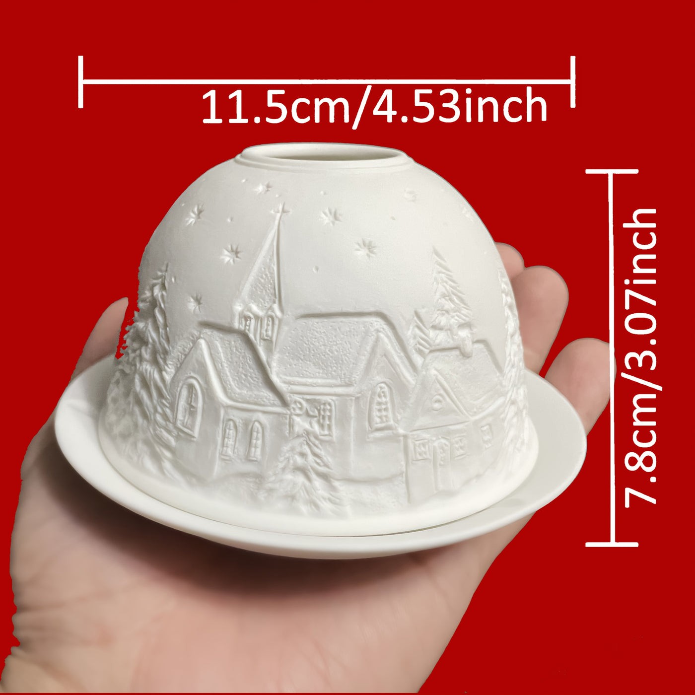 Porcelain Dome Tealight Holder with Winter Village Scene | Premium