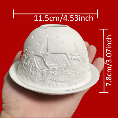 Porcelain Dome Tealight Holder with Winter Village Scene | Premium