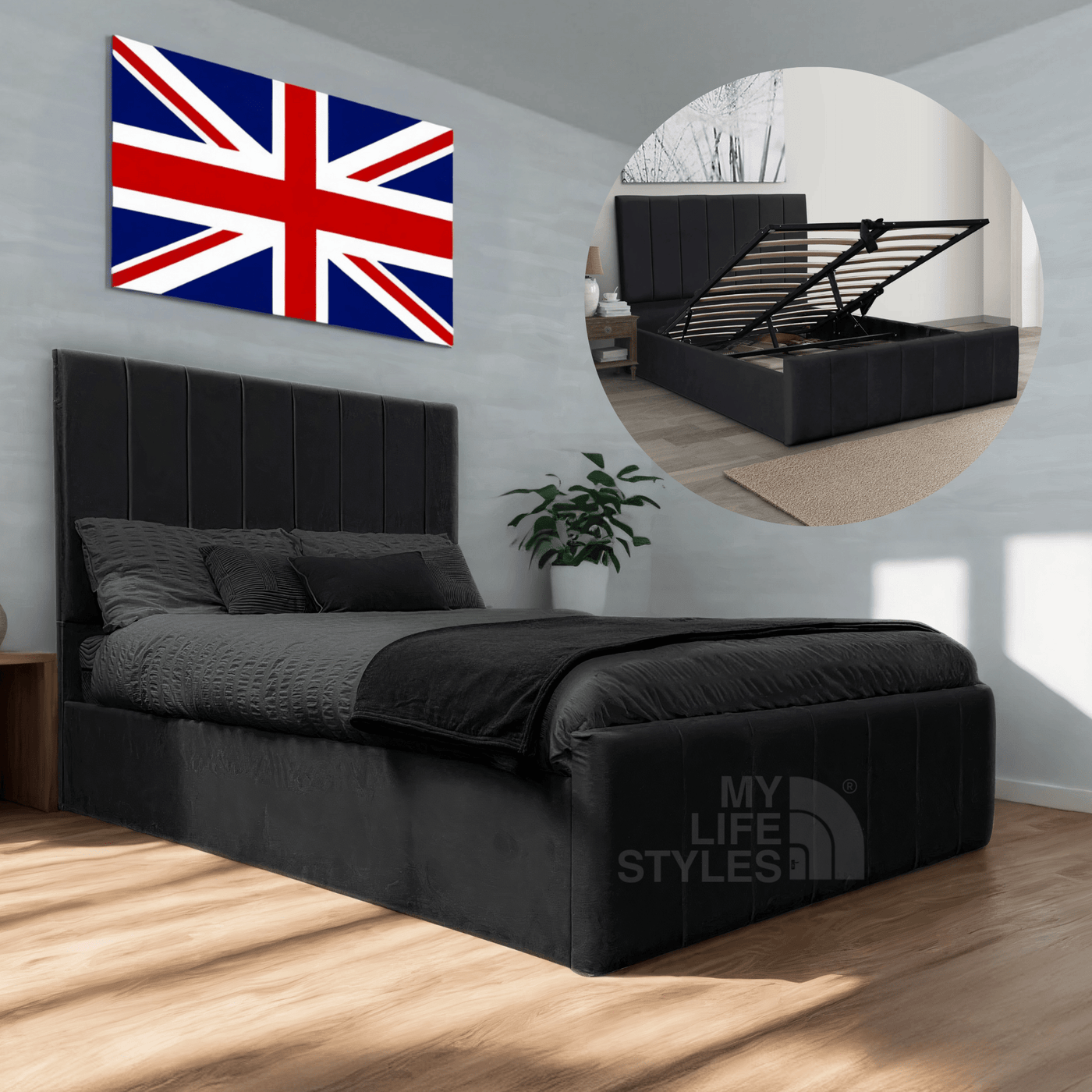 plush velvet black ottoman bed with storage