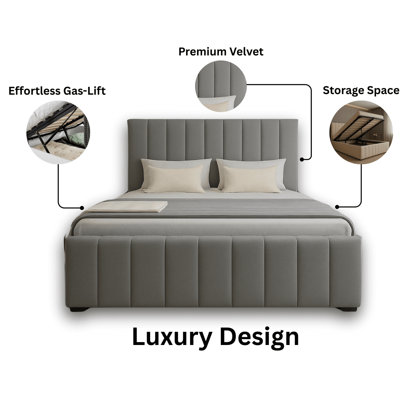 gray velvet ottoman bed with storage space  and gas lift specifications
