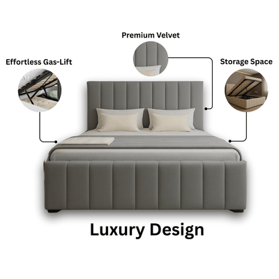 gray velvet ottoman bed with storage space  and gas lift specifications