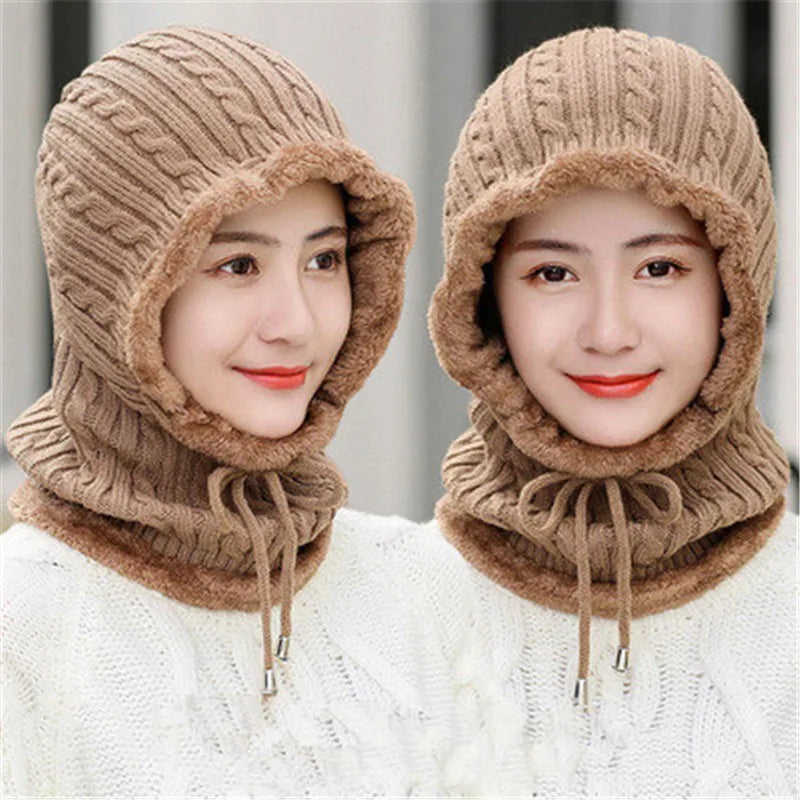 Unisex Winter Knitted Beanie Cap with Neck Protection Warm Fur‑Lined Balaclava Hat
