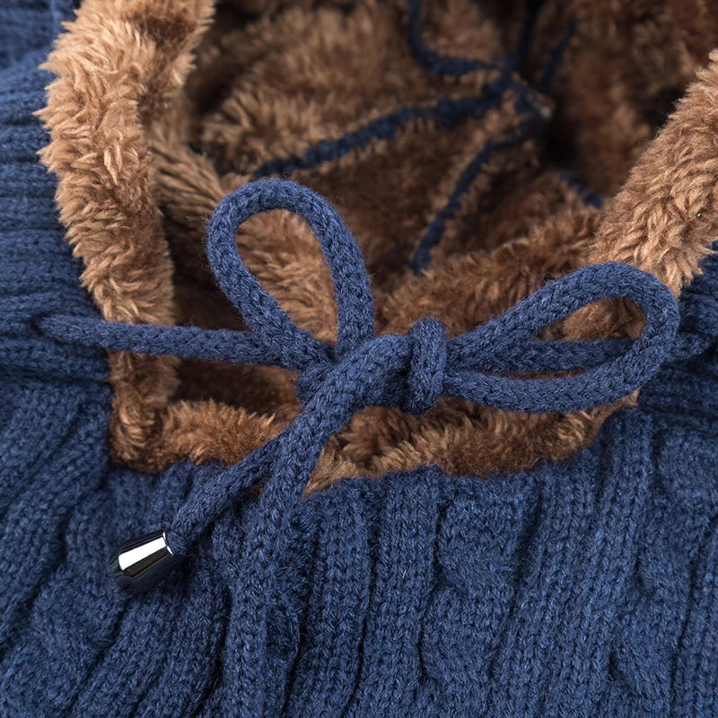 Unisex Winter Knitted Beanie Cap with Neck Protection Warm Fur‑Lined Balaclava Hat