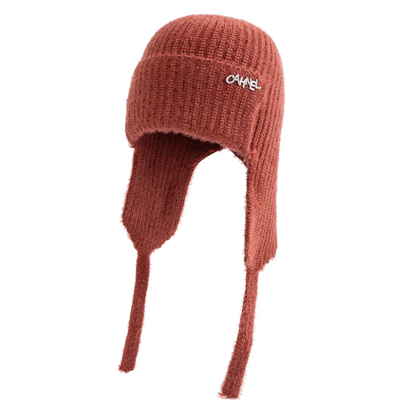 Women's Winter Faux Fur Earflap Beanie Hat Soft Knitted Streetwear Cap