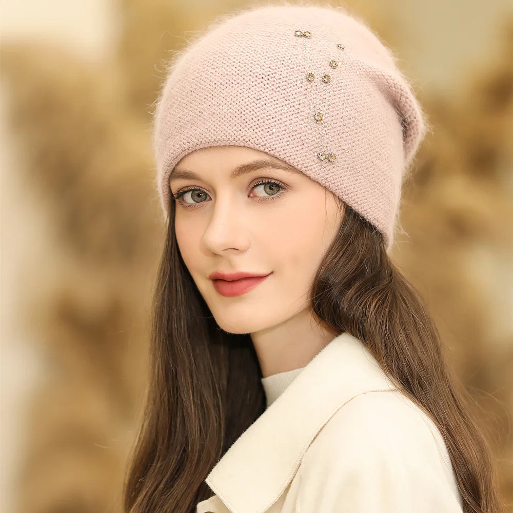 Women’s Warm Rabbit Fur Blend Beanie Geometric Knit with Beaded Detail