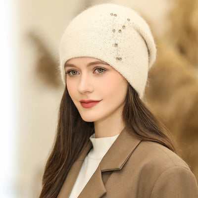 Women’s Warm Rabbit Fur Blend Beanie Geometric Knit with Beaded Detail