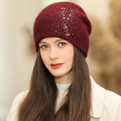 Women’s Warm Rabbit Fur Blend Beanie Geometric Knit with Beaded Detail