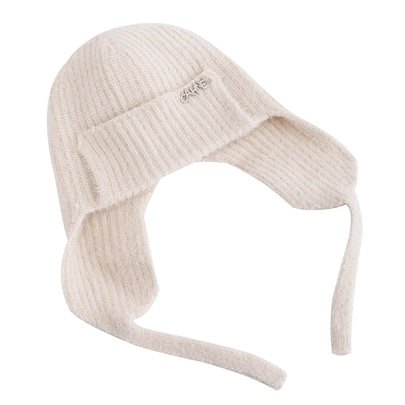 Women's Winter Faux Fur Earflap Beanie Hat Soft Knitted Streetwear Cap