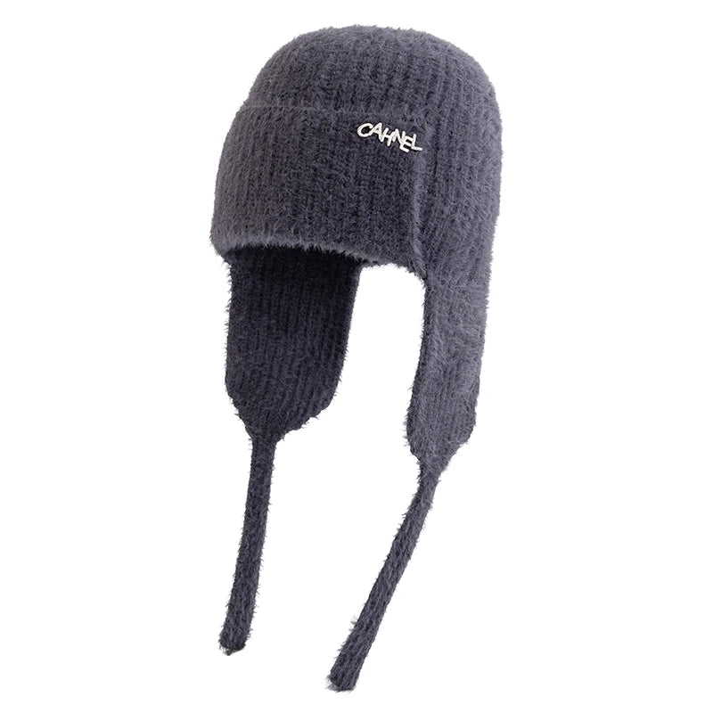 Women's Winter Faux Fur Earflap Beanie Hat Soft Knitted Streetwear Cap