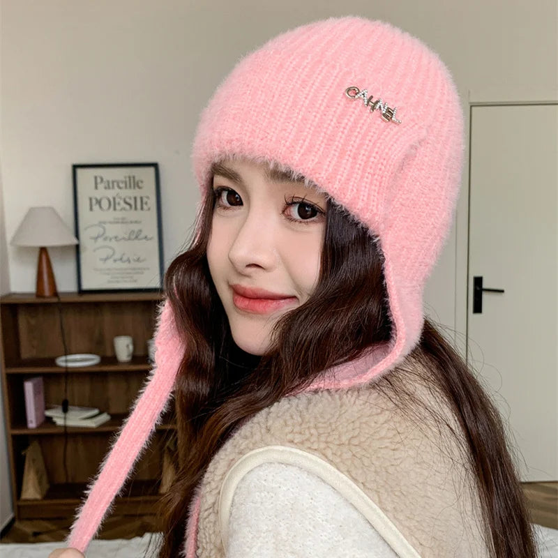 Women's Winter Faux Fur Earflap Beanie Hat Soft Knitted Streetwear Cap