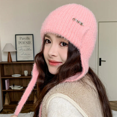 Women's Winter Faux Fur Earflap Beanie Hat Soft Knitted Streetwear Cap