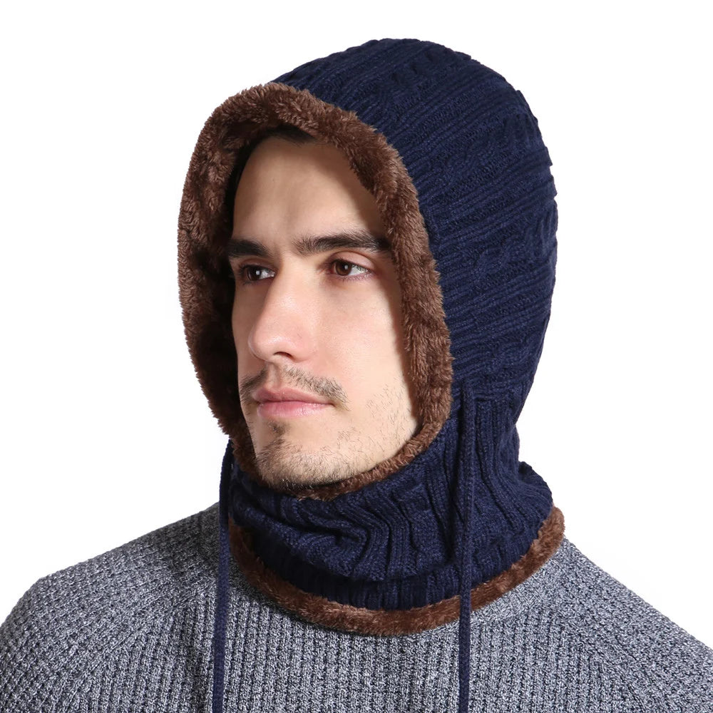 Unisex Winter Knitted Beanie Cap with Neck Protection Warm Fur‑Lined Balaclava Hat