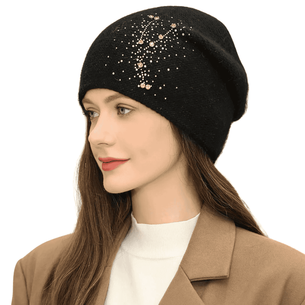 Women’s Warm Rabbit Fur Blend Beanie Geometric Knit with Beaded Detail