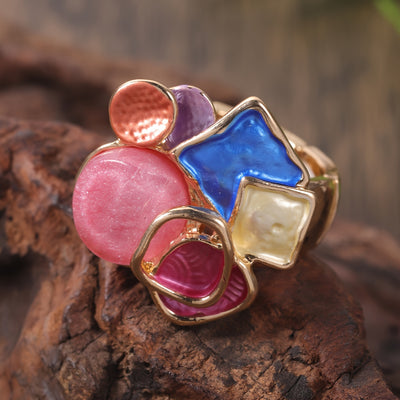 Bohemian Geometric Ring - Elastic Enamel & Gold Finish | UK