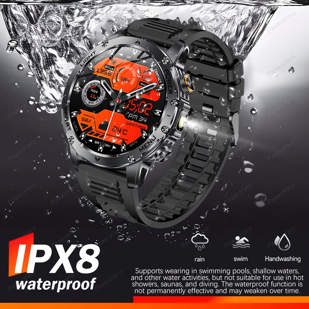 Paearofero Outdoor Smartwatch with 1000mAh Battery & LED Flashlight