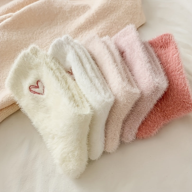 Cozy Heart‑Embroidered Socks (5 Pairs) – Soft, Fluffy, Mid‑Calf