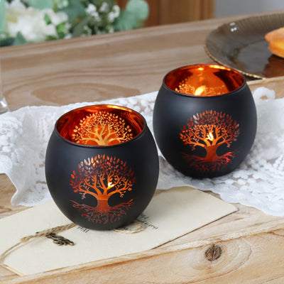 Tree of Life Candle Holder Set of 2 – Black & Gold Glass | Premium