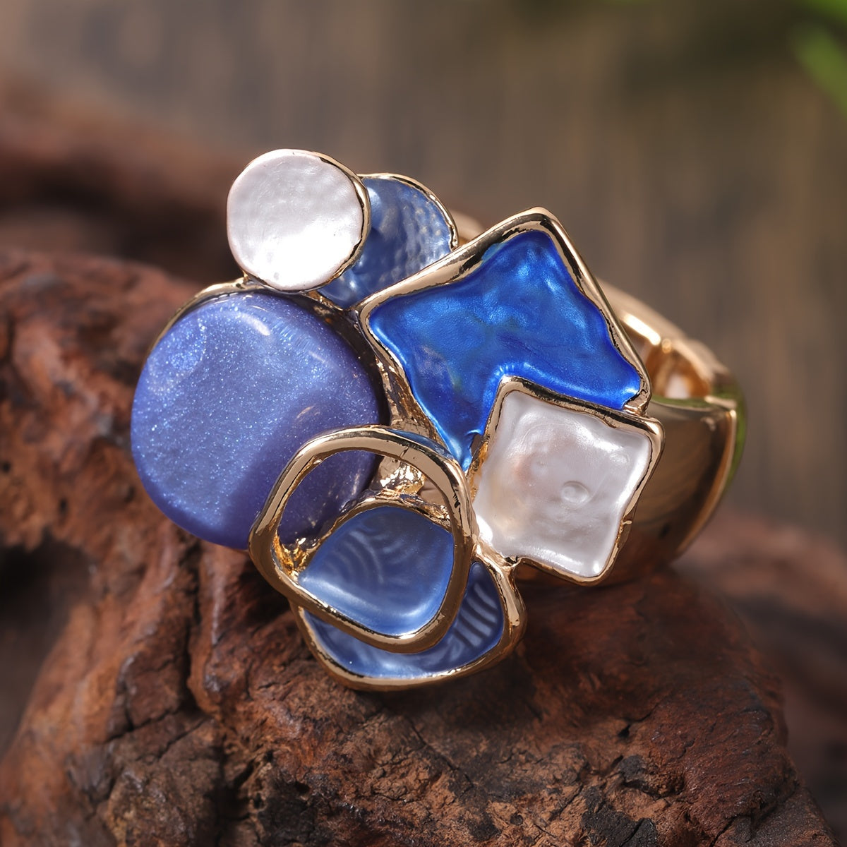 Bohemian Geometric Ring - Elastic Enamel & Gold Finish | UK