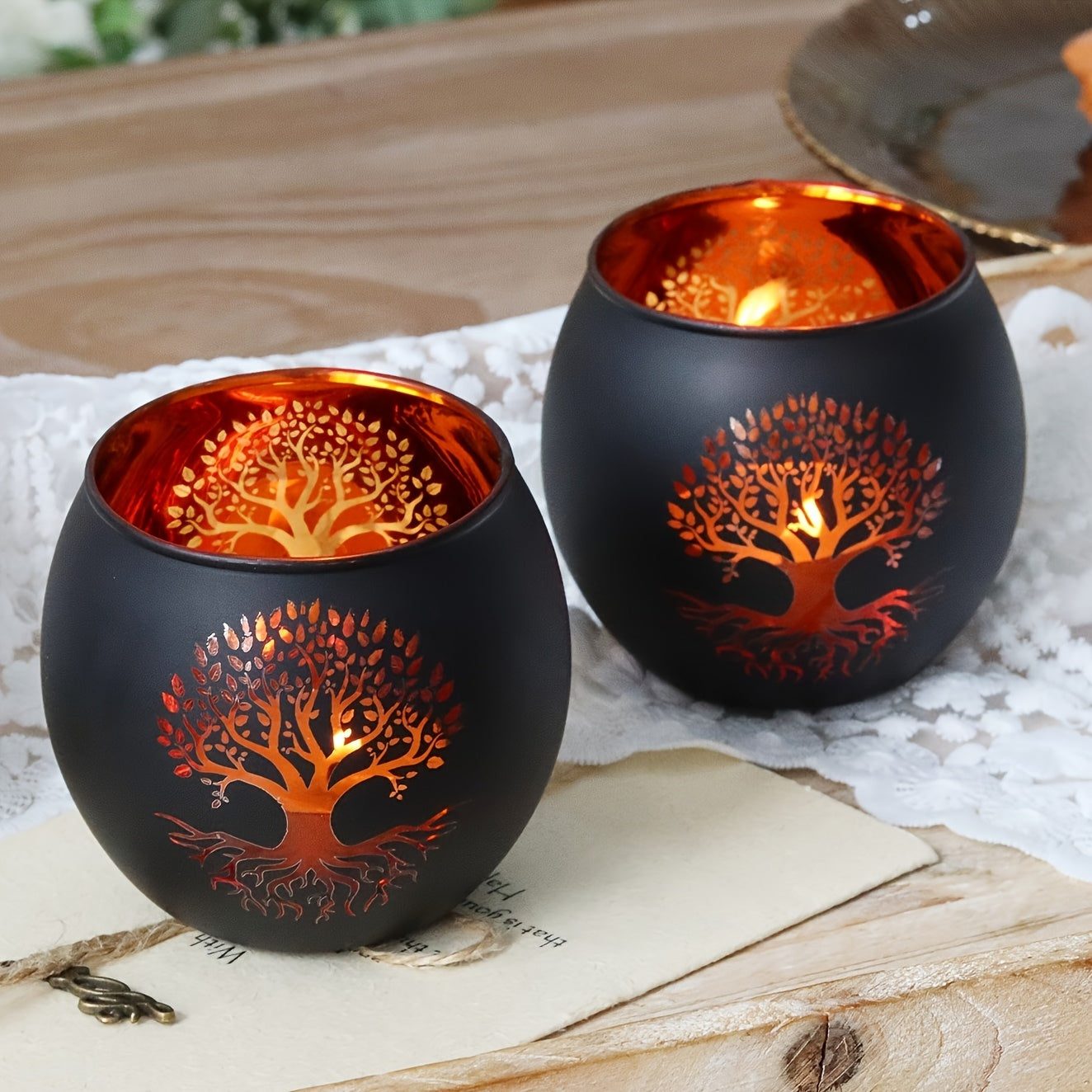 Tree of Life Candle Holder Set of 2 – Black & Gold Glass | Premium