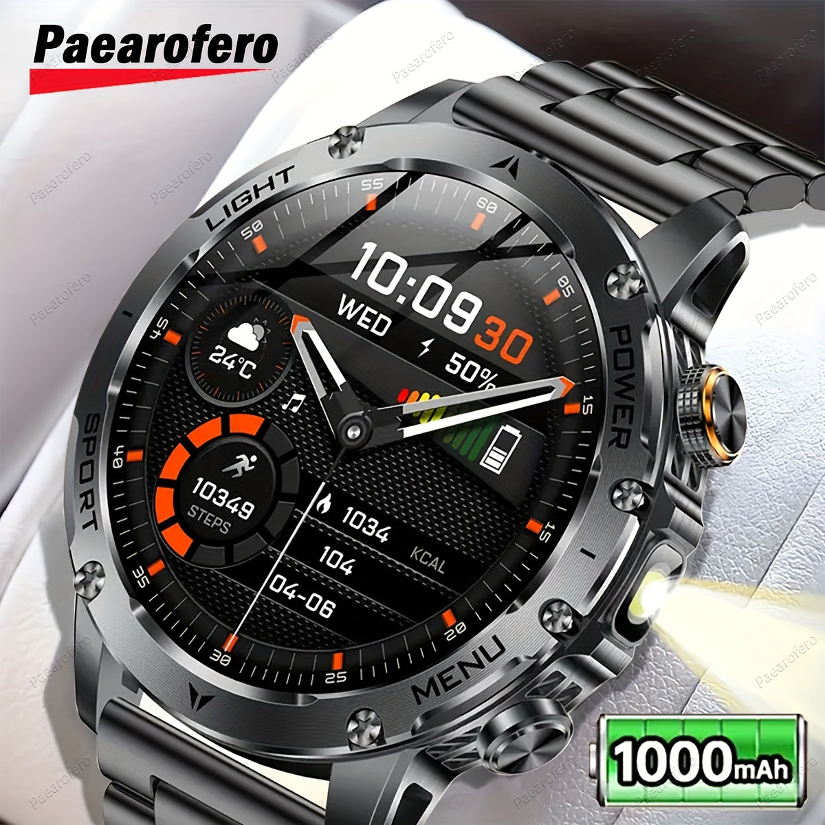 Paearofero Outdoor Smartwatch with 1000mAh Battery & LED Flashlight