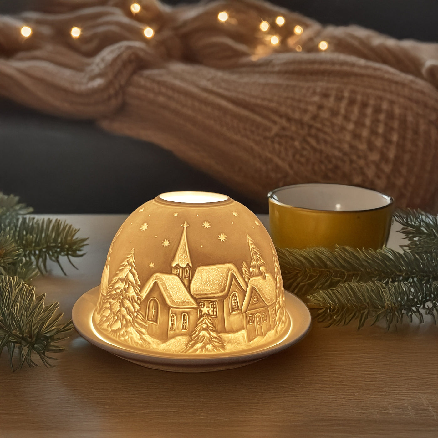 Porcelain Dome Tealight Holder with Winter Village Scene | Premium