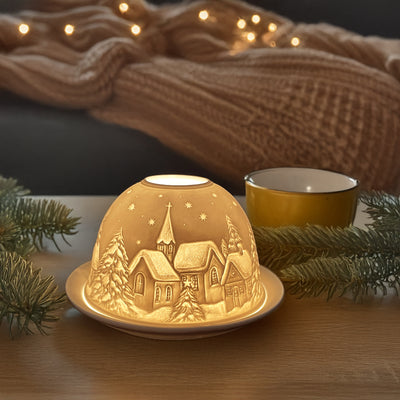 Porcelain Dome Tealight Holder with Winter Village Scene | Premium