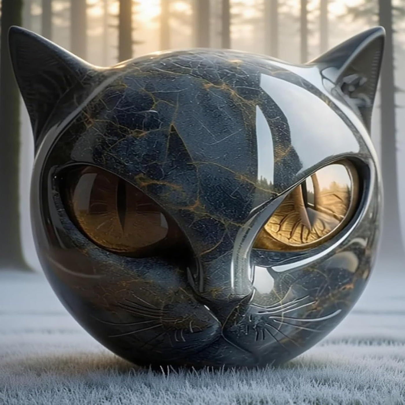 Hand Carved Resin Black Cat Stone Sculpture with Golden Eyes Premium