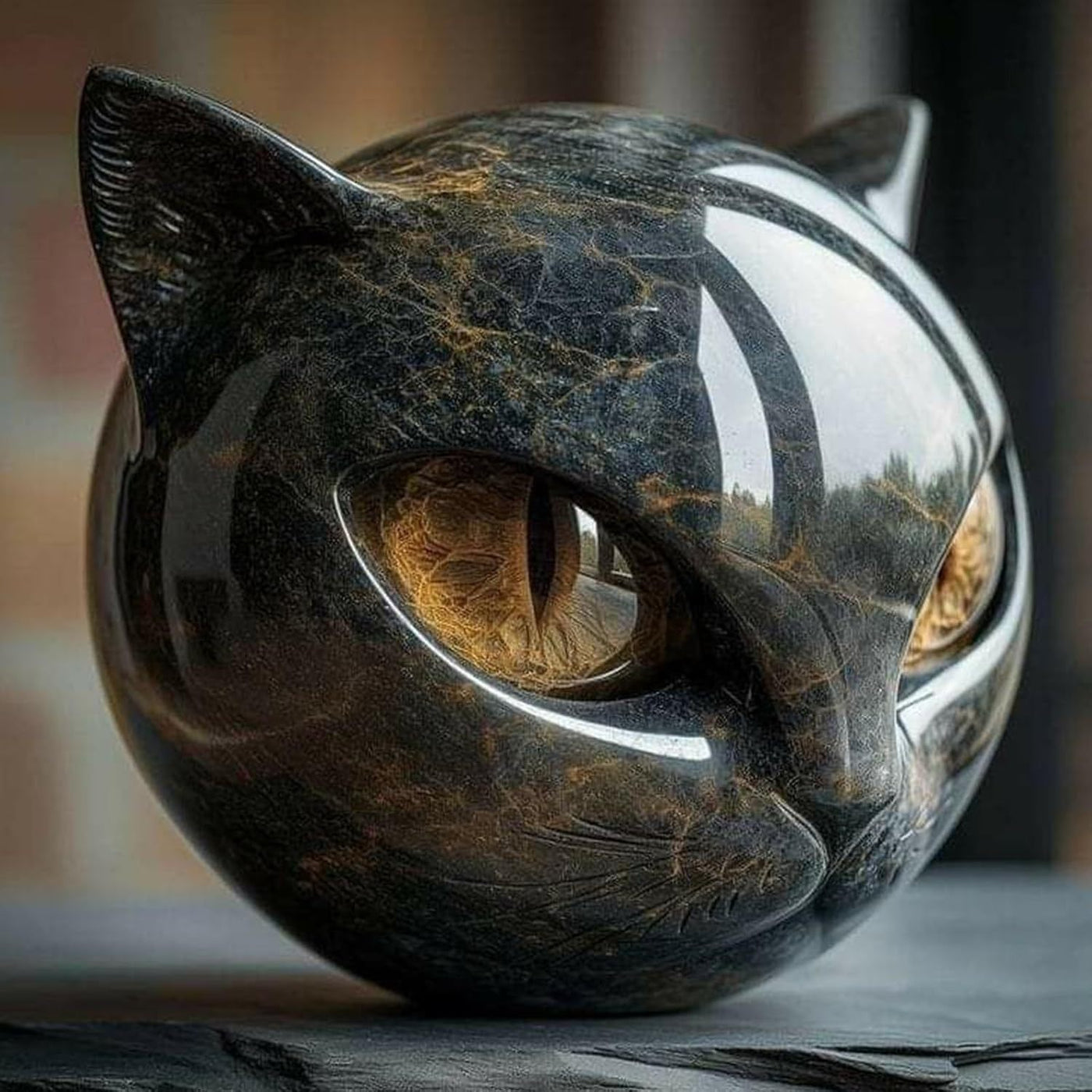 Hand Carved Resin Black Cat Stone Sculpture with Golden Eyes Premium