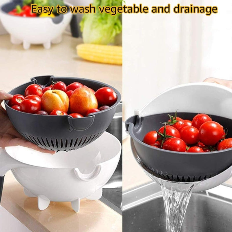 9-in-1 Slicer Dicer Food Chopper with Drain Basket, 2L Capacity, Multiple Stainless Steel Blades, Manual Vegetable Cutter, Kitchen Prep Tool