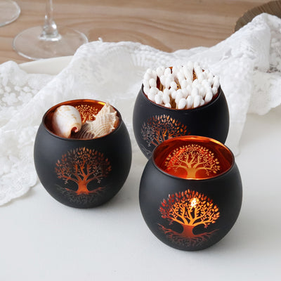 Tree of Life Candle Holder Set of 2 – Black & Gold Glass | Premium
