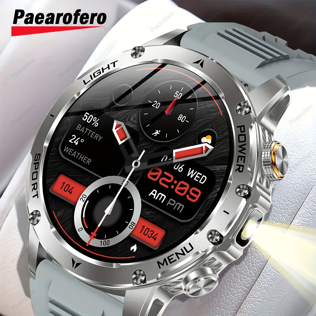 Paearofero Outdoor Smartwatch with 1000mAh Battery & LED Flashlight