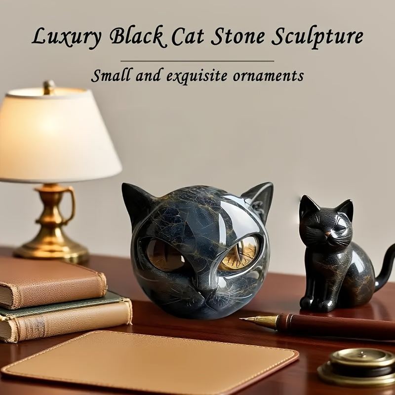 Hand Carved Resin Black Cat Stone Sculpture with Golden Eyes Premium