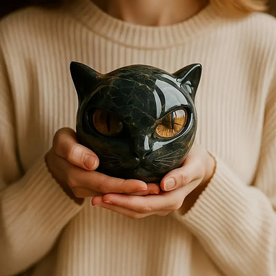 Hand Carved Resin Black Cat Stone Sculpture with Golden Eyes Premium